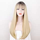 Ombre Blonde Wig with Bangs Long Straight Synthetic Wig with Dark Roots Blonde Wigs for Women Heat Resistant Hair for Daily Wearing
