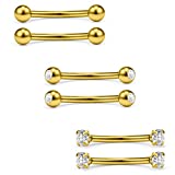 Ruifan 3 Pairs 16G Clear CZ Ball Curved Barbell Eyebrow Belly Lip Tragus Ring Piercing Jewelry 1/4'(6mm) - Gold