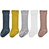 Epeius 5 Pair Pack Baby Girls Uniform Knee High Socks Toddlers Boys Seamless Cotton Tube Ruffled Stockings for 12-36 Months,White/Grey/Yellow/Navy Blue/Brown