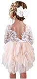 2Bunnies Girl Peony Lace Back A-Line Tiered Tutu Tulle Flower Girl Dress (Pink 3/4 Sleeve Short, 12 Months)
