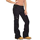 UOFOCO Women High Waist Stretch Flared Jeans Button Wide Leg Denim Combat Cargo Pants (XX-Large,Black)