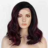 Short Bob Wig Burgundy Wavy Synthetic Wigs For Women Lace Front Wig Wine Red Ombre Wig with Dark Roots Heat Resistant Side Part Wig for Cosplay