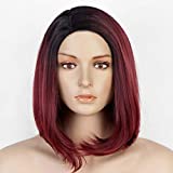 Short Straight Bob Wig Ombre Burgundy Wig Wine Red Synthetic Wigs For Women Heat Resistant Side Part Wig with Dark Roots 14 inches