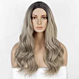 Ash Blonde Wig Ombre Synthetic Wigs for Women Long Wavy Ombre Blonde Wig with Dark Roots Heat Resistant Fiber Middle Part Wig 22 Inches