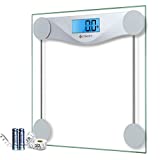 Etekcity Digital Body Weight Bathroom Scale with Body Tape Measure, Large Blue LCD Backlight Display, High Precision Measurements, 6mm Tempered Glass, 400 Pounds, Silver