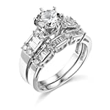 14k REAL White Gold SOLID Wedding Engagement Ring and Wedding Band 2 Piece Set - Size 8