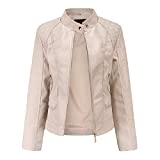 Women's Trendy Faux Leather Jacket Moto Short Jacket Fashion PU Jacket Coat (S, Beige)