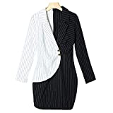 Vestido de Mujer Women Turn Down Neck Long Sleeve Buttons Striped Patchwork Bodycon Blazer Dress Femme Robe 2021-Black-S