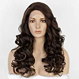 Brown Lace Front Wig Mixed Highlight Long Wavy Synthetic Wigs for Women Heat Resistant Fiber Side Part Wig
