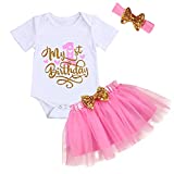 Baby Girl Birthday Cake Smash Outfit Toddler Girl My 1st Birthday Romper Tutu Skirt with Headband Clothes Set (Hot Pink, 12 Months)