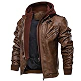 FEDTOSING Men's Bombe Leather Jackets Stand Collar Vintage Motorcycle Biker Jackets with Removable Hood (Brown-7 L)