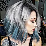 Short Bob Wig for Women Ombre Blue Wig Wavy Synthetic Wigs Grey to Blue 3 Tone Wig with Black Roots Heat Resistant Fiber Cosplay Wigs with Side Part