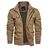 CRYSULLY Men's Spring Fall Windproof Coat Cargo Cotton Utility Full Zip Military Jacket Khaki