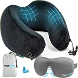 Luxury Travel Neck Pillow Sleep Kit - 100% Memory Foam Travel Pillow, 3D Contoured Sleep Mask, Moldable Ear Plugs, Compact Carry Bag. Moldable and Breathable Neck Pillow