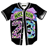 HOP FASHION Womens 90s Bel-Air Party Baseball Jersey Short Sleeve 3D Colorful 23 Print Button Dance Team Uniform Tops Shirts HOPM007-01-L