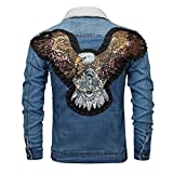 Vintage Distressed Jean Jacket for Men, Motorcycle Jacket with Sherpa Lined Lapel Collar, Eagle Patchwork Denim Jacket