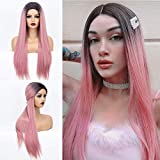 Ombre Pink Wig with Dark Roots Long Straight Synthetic Wig with Middle Part Fashion Pink Wigs for Women Heat Resistant 22 inches