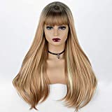 Honey Blonde Wig with Bangs Long Natural Straight Synthetic Wigs For Women Glueless Ombre Blonde Wig #27 Blond Highlight Wig Heat Resistant 20inch