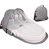 Portable Baby Crib, Bassinet for Baby Travel Foldable Baby Bed with Mosquito Net Breathable Infant Sleeping Basket with 3 Toys, Canopy Included,a Backpack Which Can be Used as Mummy Bag