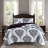 Comfort Spaces Coco 3 Piece Quilt Coverlet Bedspread Ultra Soft Printed Damask Pattern Hypoallergenic Bedding Set, Full/Queen, Black