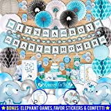 305 Piece Blue Elephant Baby Shower Decorations for Boy Kit - It's a BOY Pre-Strung Banners Garland Guestbook Sash Balloons Cake Toppers Paper Fans Lanterns Napkins Straws Games & Thank You Stickers